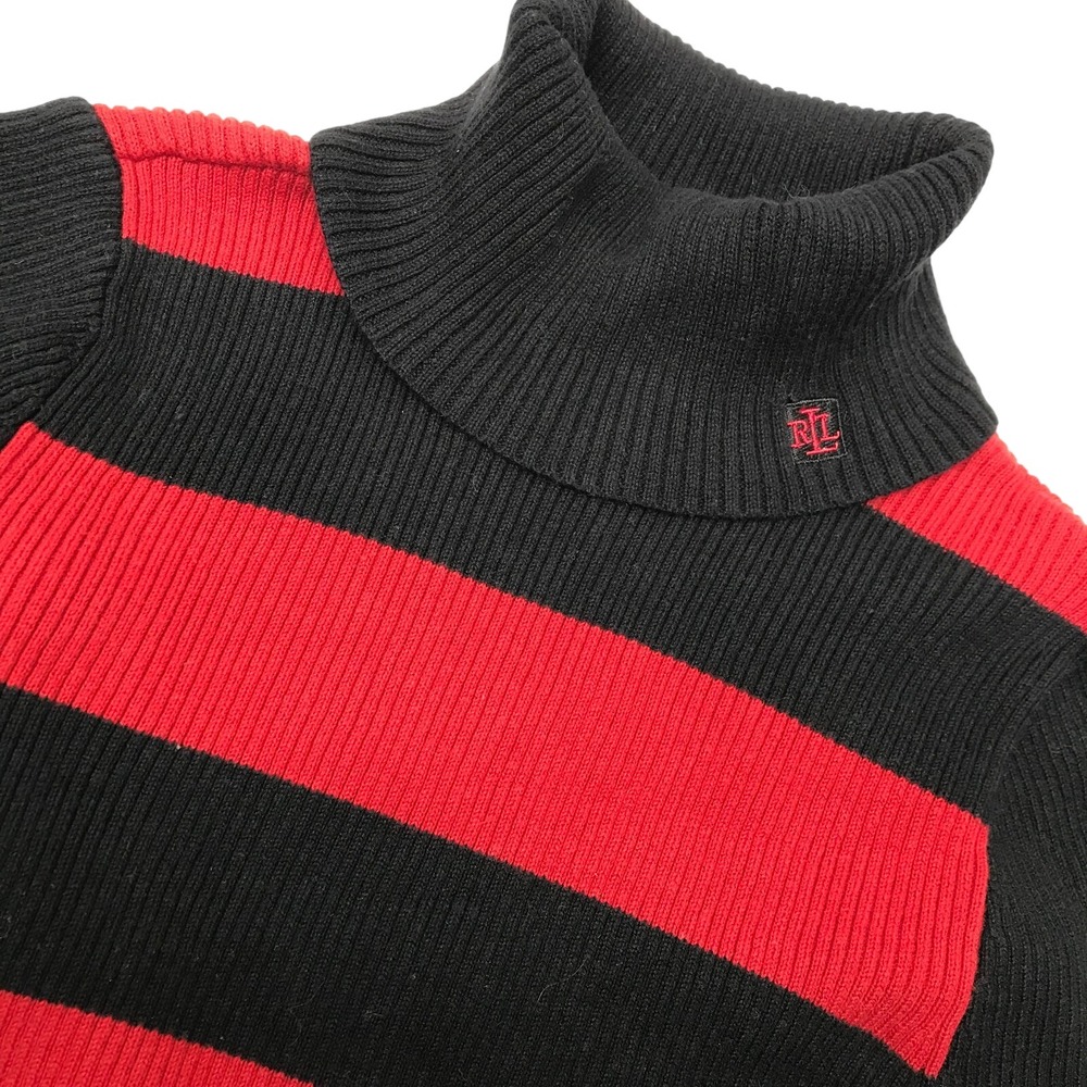 Vintage Lauren Ralph Lauren Sweater Women XS Red Black Striped Ribbed Turtleneck